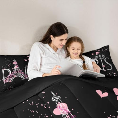 Feelyou Eiffel Tower Comforter Set Chic Paris Bedding Set Romantic Theme Comforter for Boys Girls Children Teens Black Pink Bedroom Decor Modern French Style Duvet Set Full Size with 2 Pillow Case