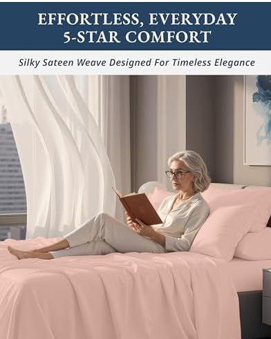 LANE LINEN Queen Bed Sheets Sateen Weave - Veiled Rose Swiss Dot