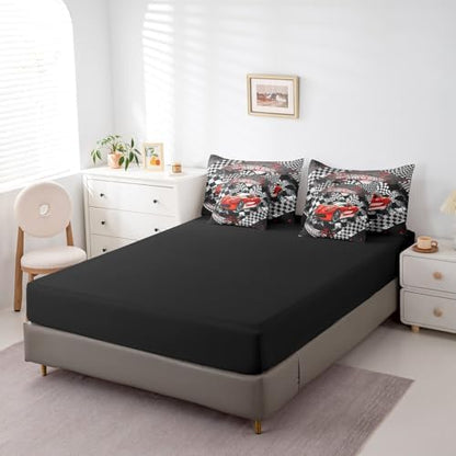 Castle Fairy Boys Red Race Car Comforter Set Bed in a Bag 7 Pieces Twin,Speed Sports Car Bedding Set,Fast and Furious (Comforter+Fitted+Flat Sheet+2 Pillowcases+2 Throw Pillow Covers)