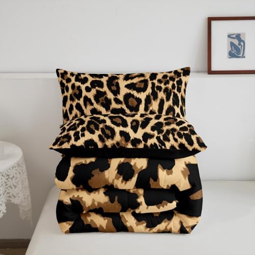Black Brown Leopard Print Comforter Set Women Cheetah Printed Bedding Set Men Africa Animal Wildlife Duvet Set for Kids Girls Teens Bedroom Decor Luxury Home Hotel Room Soft Comforter King Size 3Pcs
