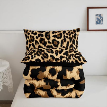 Black Brown Leopard Print Comforter Set Women Cheetah Printed Bedding Set Men Africa Animal Wildlife Duvet Set for Kids Girls Teens Bedroom Decor Luxury Home Hotel Room Soft Comforter King Size 3Pcs