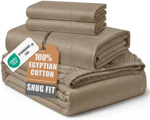 LANE LINEN Cooling Sheets Full Size Sateen Weave - Taupe Swiss Dot