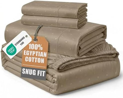 LANE LINEN Cooling Sheets Full Size Sateen Weave - Taupe Swiss Dot