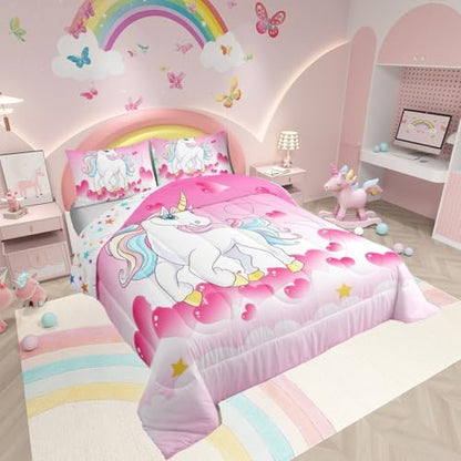 Girls Unicorn Comforter Set Queen Girly Fantasy Rainbow Unicorn Bedding Set for Kids Little Girls, Pink Love Heart Duvet Sets Dreamy Horse Cartoon Magical Animal Down Comforter with 2 Pillowcases