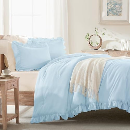 Andency Light Blue California King Comforter Set, 3 Pcs Shabby Chic Bedding