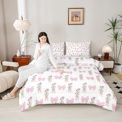 Castle Fairy Pink Bowknot Comforter Set Toddler Size,Vintage Farmhouse Pink Floral Bedding Set,Kids Teens Adult Room Decor,Dreamy Girly Style Down Comforter,2 Pcs 1 Pillowcase