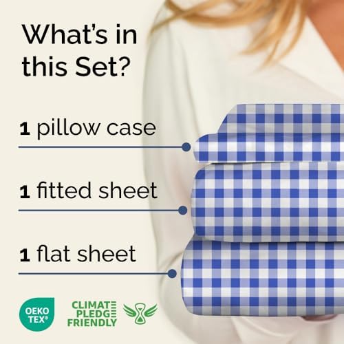 Twin 3 Piece Striped Sheet Set - Soft, Breathable & Cooling - Blue Gingham