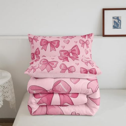 jejeloiu Pink Bow Comforter Set All Season Bowknot Bedding Set with 1 Pillow Cases Bow-tie Microfiber Kids Toddler Bedclothes Colourful Bowknot Bedroom Decor Duvet Quilt Breathable Soft Lightweight