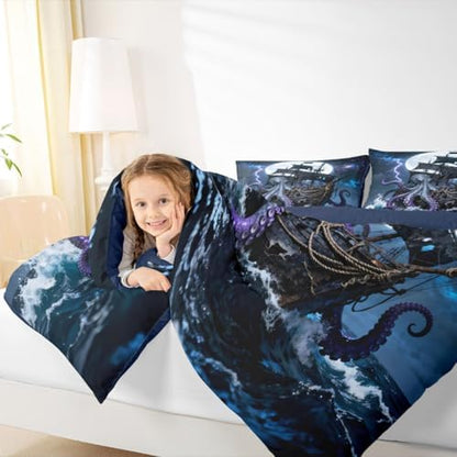 Castle Fairy Octopus Pirate Ship Bedding Set Twin Size 2 Pcs,Moon Lightning Galaxy Night Sky Comforter Set for Kids Teens Adults,Wild Sealife Ocean Sailing Comforter Duvet Set with 1 Pillowcase