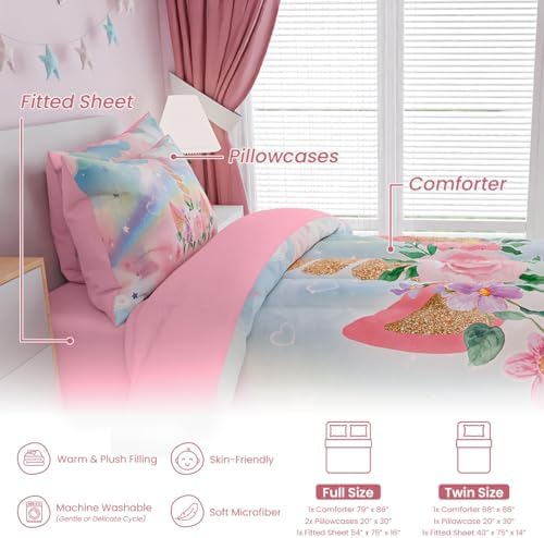 SANDJEST Unicorns Bedding Set for Girls Kids Teen Tween, Ultra Soft Microfiber Comforter Set Full Size with 4-Pieces, Comforters Bed Sets Bedroom Decor
