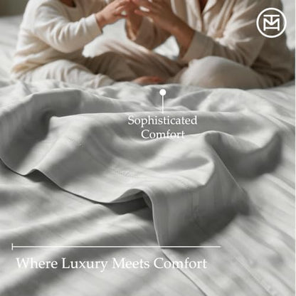Threadmill 600TC Cotton Cal King Sheet Set, Sateen, Stripe, Light Grey