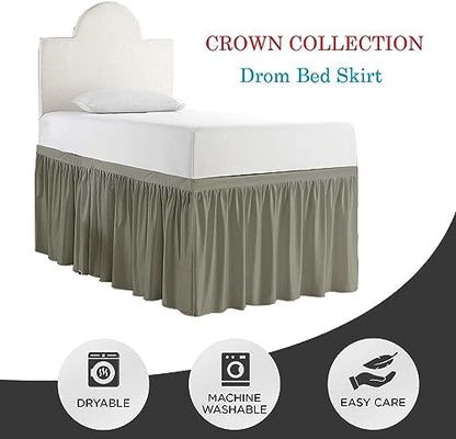 Crown Collection Twin XL 32" Inch Drop Long Dorm Bed Skirt, Ruffled Pattern College Dorm Room Bed Skirts, Split Corner, Easy Care, No Wrinkle Cotton Microfiber Bed Skirt