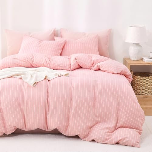 Wake In Cloud Striped Cotton Duvet Cover Set, Pink, Full