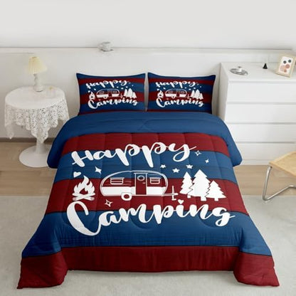 Rustic Camping Travel Comforter Set Twin Size,Camper RV Trailer Decor Bedding Set 2pcs for Kids Boys Girls Adults,Old Wooden Plank Farmhouse Down Comforter,Red Blue Retro Duvet Insert,1 Pillowcase