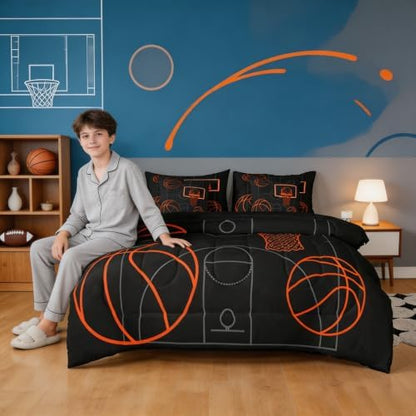 Erosebridal Basketball Games Boys Kids King 7-Piece Comforter Set | Gaming Ball Pattern Sheets and Pillowcases Sports Theme Bed in A Bag Black Orange Bed Sets