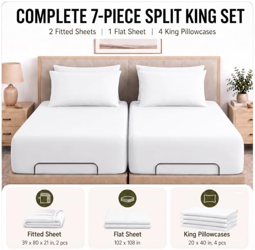 CozyLux Split King Sheets 7-Piece, 21-Inch Deep Pocket, Soft Brushed Feel