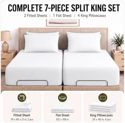 CozyLux Split King Sheets 7-Piece, 21-Inch Deep Pocket, Soft Brushed Feel