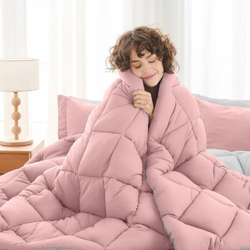 MUXHOMO 7 Pieces Queen Comforter Set, Reversible Bed in a Bag Queen Size, All Season Bedding Set with Comforter, Flat Sheet, Fitted Sheet, Pillowcases & Shams, Pink & Light Grey
