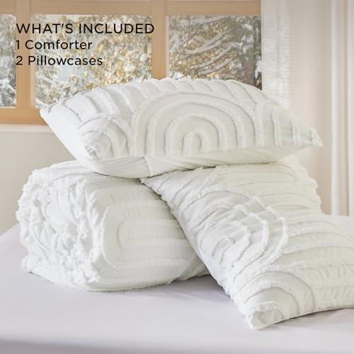 Bedsure Boho Tufted White Comforter Full Size, GentleSoft™ 3 Pieces Boho Farmhouse-Style Decor Bedding, Arch Bedding for All Seasons, 1 Bed Comforter, 2 Pillow Shams, 82x86 Inches