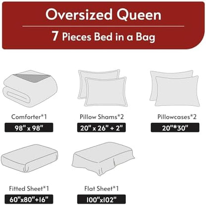 MUXHOMO 7 Pieces Oversized Queen Comforter Set, Reversible Bed in a Bag Oversized Queen Size, All Season Bedding Set with Comforter, Flat Sheet, Fitted Sheet, Pillowcases & Shams, Burgundy & Rose Gold