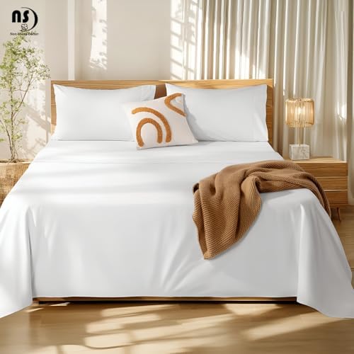 NON Sticky cotton Queen 4 Piece Sheet Set, 100% Long Staple Cotton, Soft Cooling Hotel Luxury Bedding Sheets, Deep Pocket Fits 10" to 18" Mattress, 60" x 80", White Solid