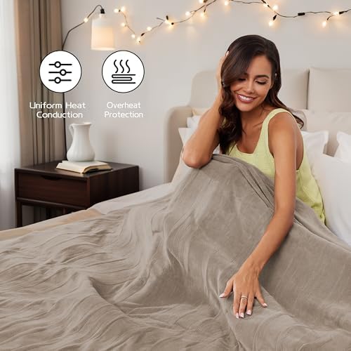 ReyyNio Electric Heated Blanket Twin Size 62"x84", 10H Auto-Off, Brown