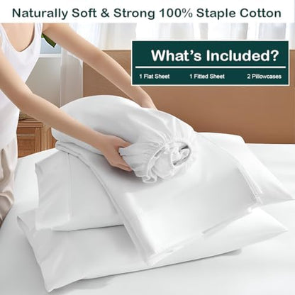 NON Sticky cotton California King 4 Piece Sheet Set, 100% Long Staple Cotton, Soft Cooling Hotel Luxury Bedding Sheets, Deep Pocket Fits 10" to 18" Mattress, 72" x 84", White Solid