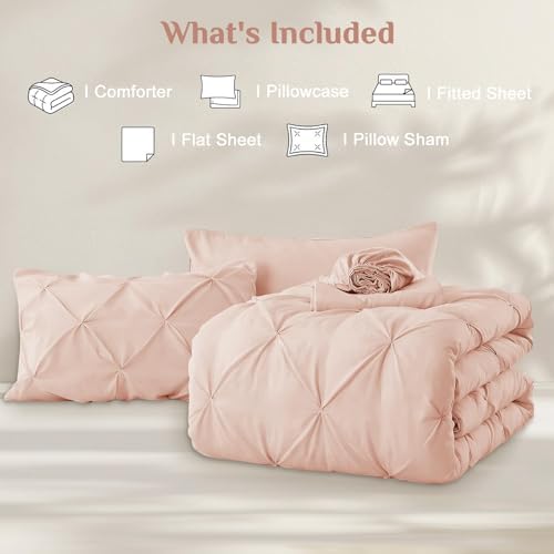 JOLLYVOGUE Twin Comforter Set 5 Pieces - Bed in a Bag Twin for All Season, Pintuck Bedding Comforter Sets with Comforter, Flat Sheet, Fitted Sheet and Pillowcases & Shams, Blush Pink