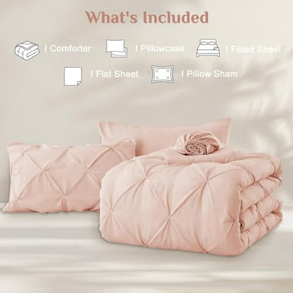 JOLLYVOGUE Twin Comforter Set 5 Pieces - Bed in a Bag Twin for All Season, Pintuck Bedding Comforter Sets with Comforter, Flat Sheet, Fitted Sheet and Pillowcases & Shams, Blush Pink