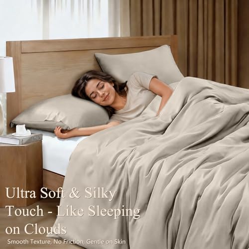 Queen Duvet Cover Set 3 Pieces, 100% Organic Viscose derived from Bamboo, Luxuriously Soft & Cooling, 1 Duvet Cover and 2 Pillowcases, 90" x 90"(Queen, Deep Beige)