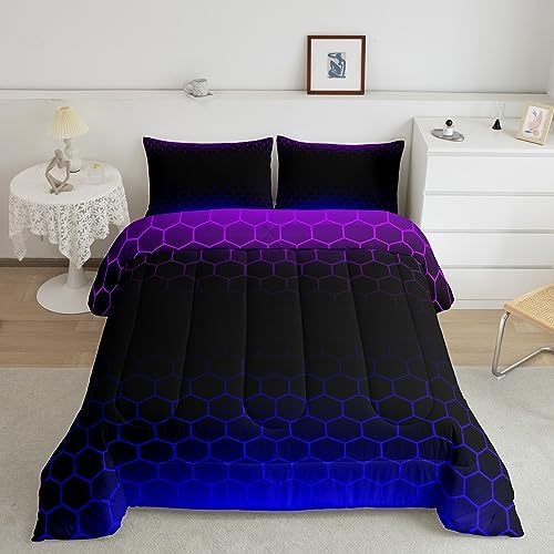 Honeycomb Bedding Set Queen Size, Purple Blue Ombre Comforter Geometrics Hexagon Comforter Set for Kids Boys Girls Beehive Hexagon Duvet Set Breathable Room Decor Microfiber Bed Set