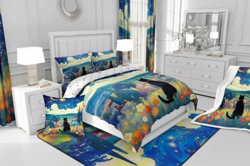 Flower Cat Comforter Set King Size,Swirl Starry Sky Moon Duvet Insert for Kids Girls Boys Adults Room Decor,Blossom Flower Rustic Style Bedding Set 3Pcs,Nature Scenery Quilt Set,2 Pillowcases