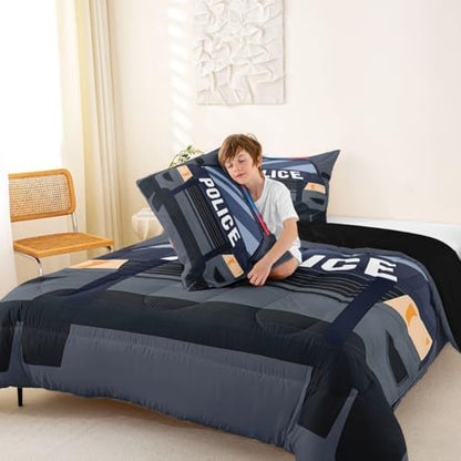 Feelyou Police Car Comforter Set King Size Automobile Bedding Set for Kids Boys Girls Policeman Vehicle Duvet Quilt Bedroom Decor Microfiber 3 Pcs with 2 Pillow Cases
