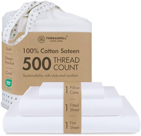 Threadmill 500 Thread Count Cotton Twin Sheet Set, Sateen, White, 3-Pack