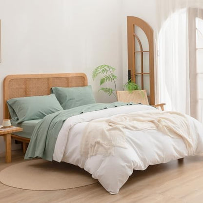 BESTOUCH Full Washed Cotton Linen Feel Sheet Set 4 Pcs Solid Green