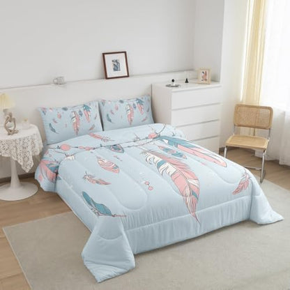 Homewish Teens Blue Pink Feathers Comforter Set Queen Size,Bohemian Style Bedding Set for Kids Boys Girls Bedroom Decoration,Tribe Exotic Bed Duvet Insert,Dreamcatcher Comforter with 2 Pillowcases