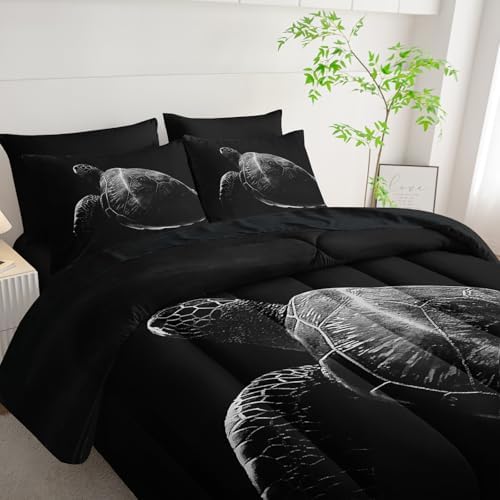Nttopship Black Sea Turtle Comforter Set,Sea Turtle Bedding Set 7 Piece in A Bag,Beach Themed Bedroom Comforter Set King Size for Kids Teen Girls Boys Room Decor Microfiber Lightweight All Season
