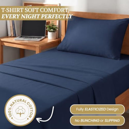Twin XL Cotton Knit Jersey Sheet Set, 15" Deep Pocket, Navy, 3pc