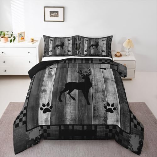 Homewish Deer Bear Down Comforter Queen Size,Hunting and Adventure Bedding Sets 3Pcs for Kids Girls Boys Women Room Decor,Natural Wild Animals Quilted Duvet Rustic Lodge Plaid Bedspread,2 Pillowcases