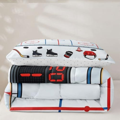 Castle Fairy Ice Hockey Rink Down Comforter Queen Size,Ice Skates Helmet Glove Bedding Sets 3Pcs for Kids Teens Woman Men Room Decor,Cartoon Quilted Duvet Sport Theme Bedspread,2 Pillowcases