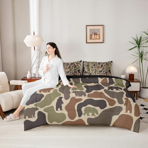 Erosebridal Bear Camo Bed in A Bag 7 Pcs Camouflage Hunting Bear Comforter Set for Women Men Rustic Camo Army Wildlife Bedding Sets King Green Military Woodland Animals Sheet Set with Comforter