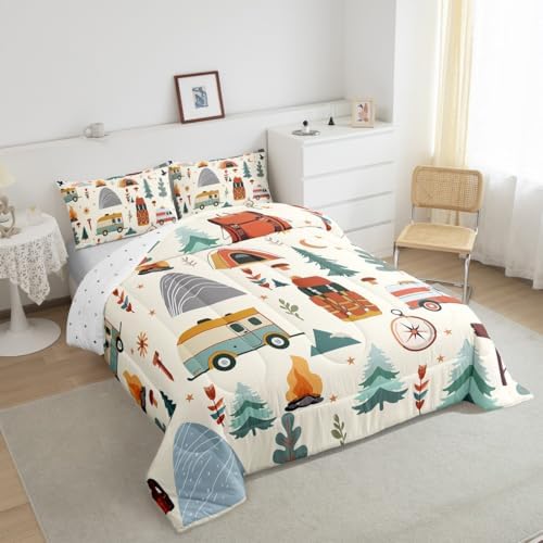 Feelyou Happy Camping Comforter Set for Kids Boys Girls Full Travel Bag Tent Compass Print Bedding Set Soft Outdoor Travel Duvet Quilt Camping Gifts Comforter Travel Trailers Themed