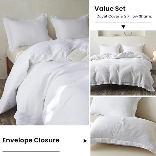 Simple&Opulence 100% Linen Duvet Cover Set with Crossed Embroidery Washed - 3 Pieces (1 Duvet Cover with 2 Pillow Shams) Soft Breathable Farmhouse - White, King Size