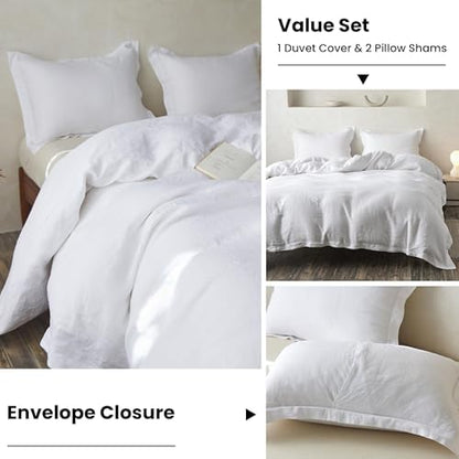 Simple&Opulence 100% Linen Duvet Cover Set with Crossed Embroidery Washed - 3 Pieces (1 Duvet Cover with 2 Pillow Shams) Soft Breathable Farmhouse - White, King Size