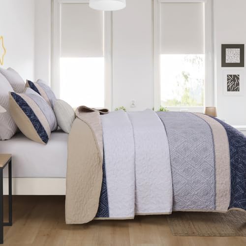 Cottolester Quilt Set Queen,3 Pcs Khaki Navy Blue Striped Plaid Bedspread