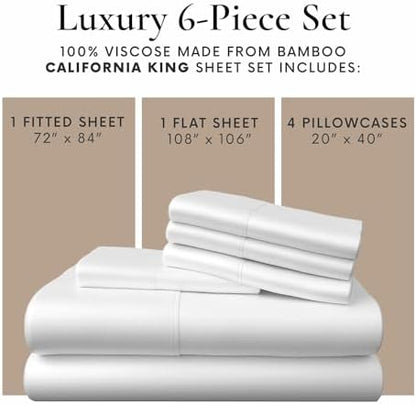 Bamboo Bay 6 Piece California King Size Sheet Set, 100% Viscose Made from Bamboo, Breathable, Ultra Soft Cooling Bed Sheets for Hot Sleepers, Beddings with Deep Pockets Fit 16" Mattress, White