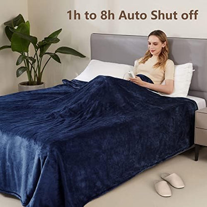 Electric Heated Blanket Queen Size 84" x 90" with 6 Heating Levels & 8h Auto Off, Ultra Soft Flannel Full Body Fast Heating Warming Blanket for Bed Sofa Home Office, Machine Washable, Blue