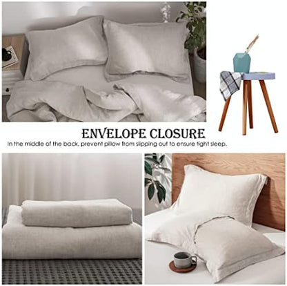 Simple&Opulence 100% Linen Duvet Cover Set 2pcs Basic Style Natural French Washed Flax Solid Color Soft Breathable Farmhouse Bedding with Button Closure - Linen, Twin