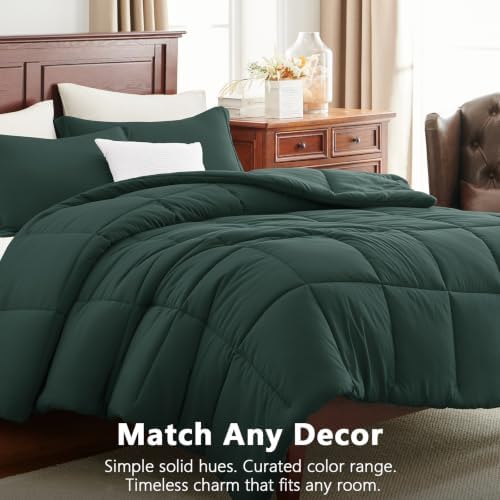 CozyLux King Size Comforter Set, 3-Piece Box-Stitched, Forest Green