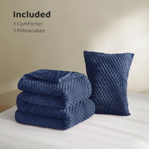 Petrichor Fluffy Twin Comforter Set - Ultra-Soft Navy Flannel Thick Comforter for Queen Bed, Luxury Warm Bedding Set for Winter & Fall, Cozy Fuzzy Bed Set 2 Pieces (1 Comforter & 1 Pillowcase)